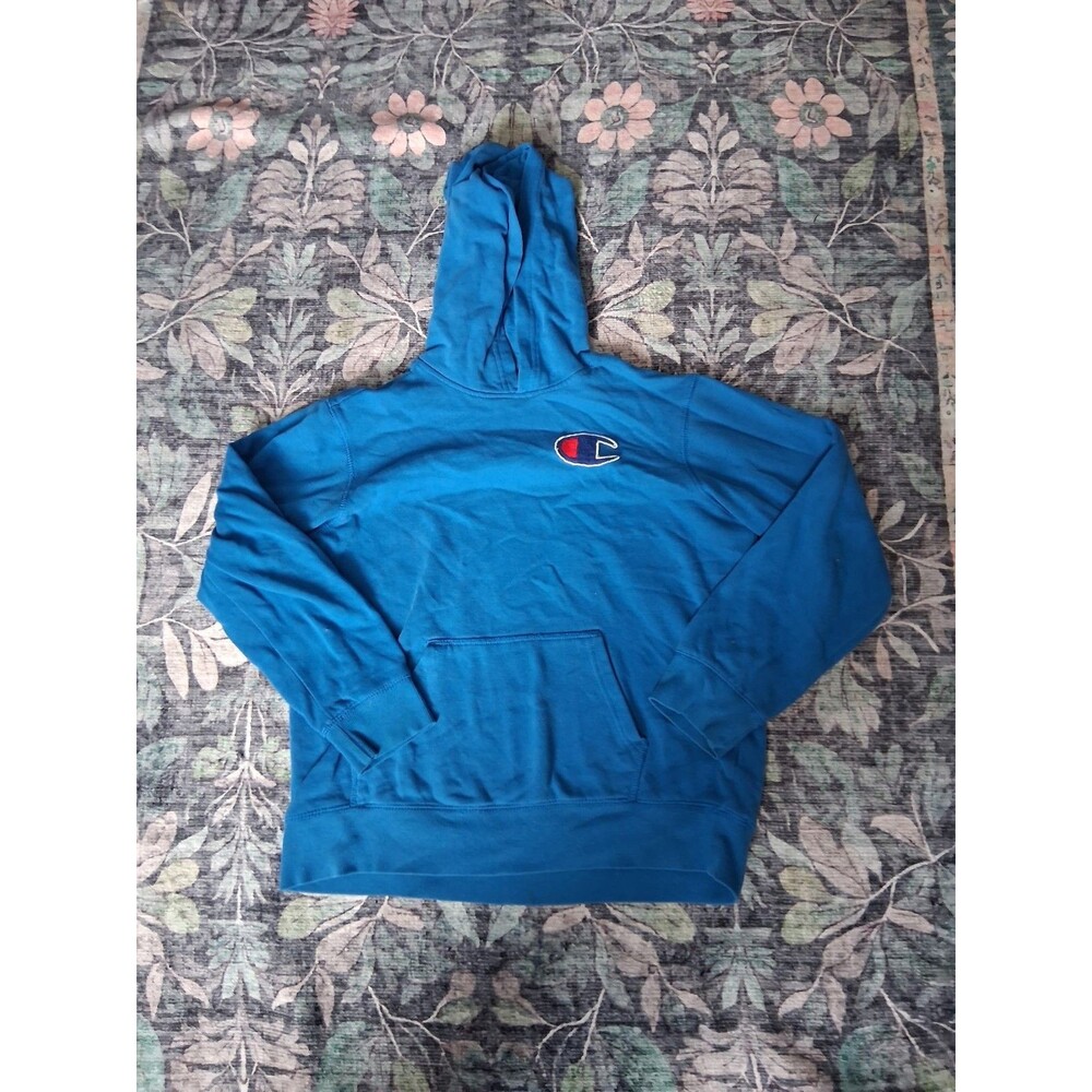 Champion Blue Pullover Hoodie Cotton Blend Fleece Long Sleeve Solid Men's Size L